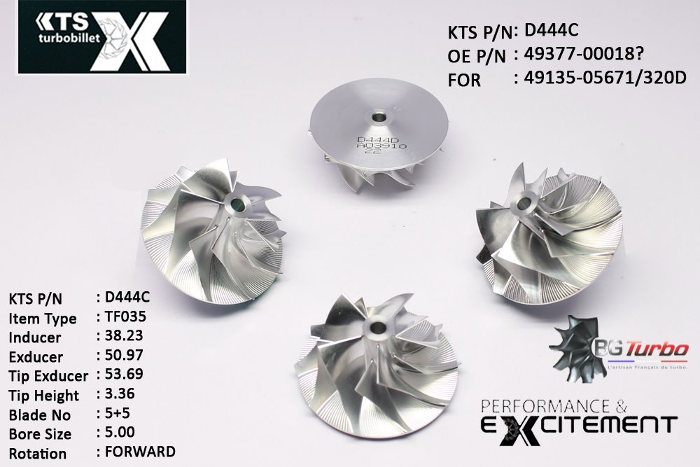Turbo ROUE FORGÉE MFS PERFORMANCE - 5+5 PALES - INDUCER : 38,23 - EXDUCER : 50,97 - TYPE : TF035ANGLE : 45° - ROTATION : Forward - SUPER BACK : 2,05 - BORE SIZE : 5
